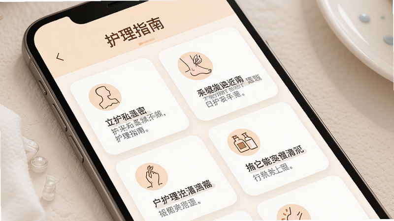 展示“女生私密”APP护理指南页面的设计图,主体为图文结合的内容展示,布局为卡片式排列,排版美观,风格温馨专业,细节显示步骤图标和说明文字,画质精致,干净,无多余元素,文字包含“护理指南”