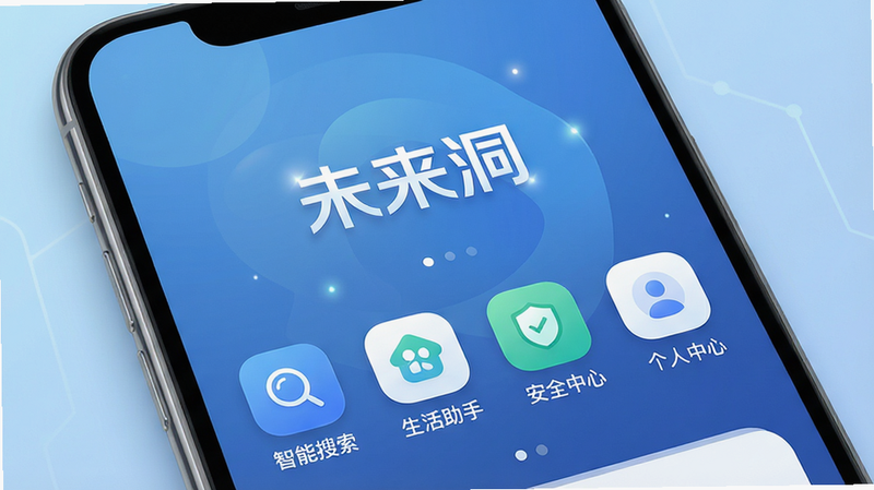 һ��չʾ��δ������APP������ĸ����ͼ������Ϊ�ֻ���Ļ������Ϊ��͵ĿƼ������䡣��Ļ������ʾ��δ������Logo���·��������ĸ�Բ��Ĺ���ͼ�꣬�ֱ�Ϊ�����������������������֡�������ȫ���ġ��͡��������ġ����������࣬�Ű�����������ִ���Լ��ϸ�ڴ���ϸ΢�Ĺ�ӰЧ�������ʸ��壬�ɾ��޶���Ԫ�أ����֡�δ�����������ɼ���