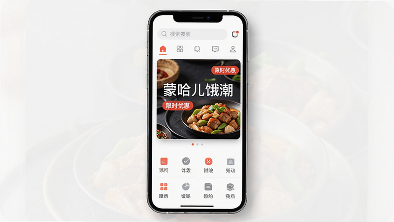 主体为蒙哈儿饿潮APP手机端界面展示,布局采用中心对称式,顶部为搜索栏与导航图标,中部为大幅轮播图展示特色美食,底部为功能网格,风格为现代扁平化UI设计,细节处有柔和的阴影效果增强立体感,画质高清,干净无多余元素,文字清晰显示
