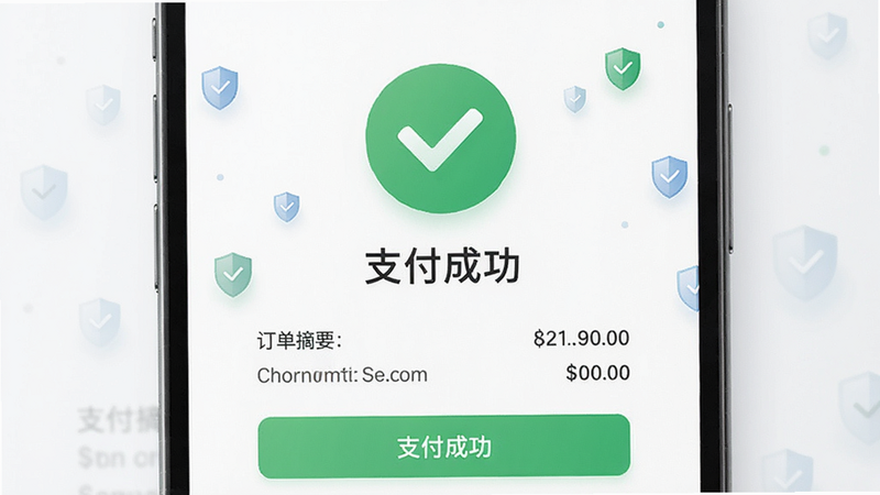 主体为支付成功界面,布局简洁,中央为绿色对勾图标,下方为订单摘要,风格极简且令人安心,细节处有安全盾牌图标点缀,画质细腻,干净,文字显示