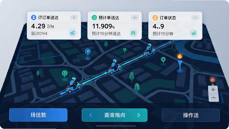 主体为动态物流地图界面,布局以地图为核心,上方悬浮订单状态卡片,下方为操作按钮,风格为科技感与实用性结合,细节处有骑手图标在路线上移动,画质清晰,干净,文字标注