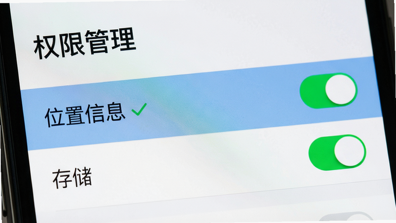 主体为手机设置权限界面,布局为列表式,高亮显示
