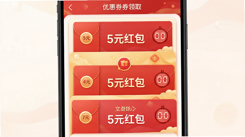 主体为优惠券领取界面,布局为堆叠式卡片,展示不同面额的红包,风格喜庆且富有吸引力,细节处有倒计时图标,画质高清,干净,文字清晰显示