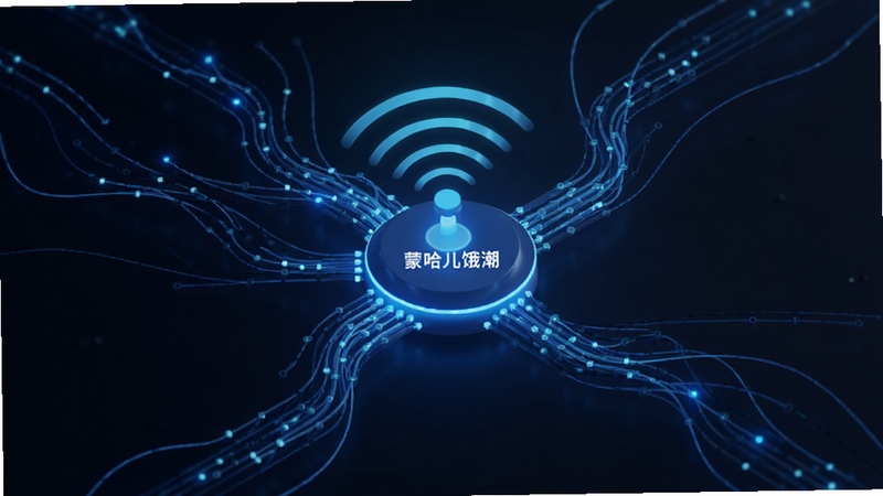 抽象概念图,展示多个数据流汇聚到一个中心节点,中心节点发出稳定信号,象征“蒙哈儿饿潮”的多源切换技术,蓝色科技风格,线条流畅,极简主义设计,高质量渲染