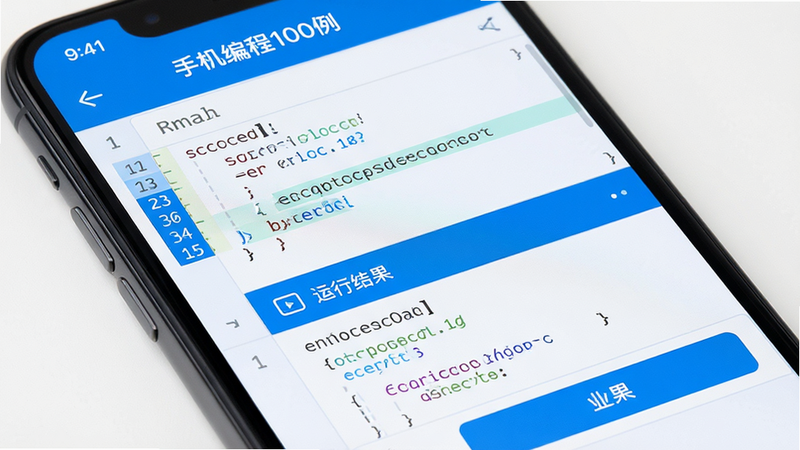 主体为手机屏幕特写,显示《手机编程100例》APP界面,布局清晰分为代码编辑区和运行结果区,排版简洁现代,风格为科技蓝白配色,细节包含高亮显示的代码行号和按钮图标,画质清晰干净,无多余元素