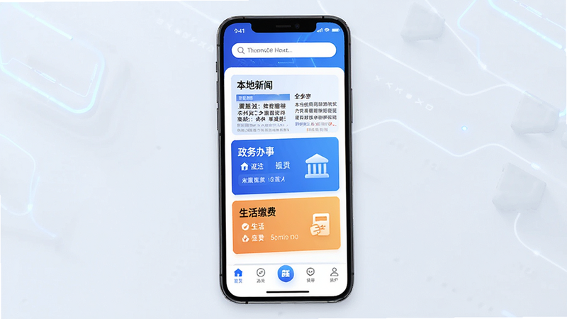 主体为“我的池州”App的手机界面展示,布局清晰,顶部为搜索栏,中部展示“本地新闻”、“政务办事”、“生活缴费”三个大模块卡片,底部为导航栏,风格现代简约,蓝色主色调,细节处体现科技感,文字清晰可见“我的池州”,高清画质,干净无多余元素