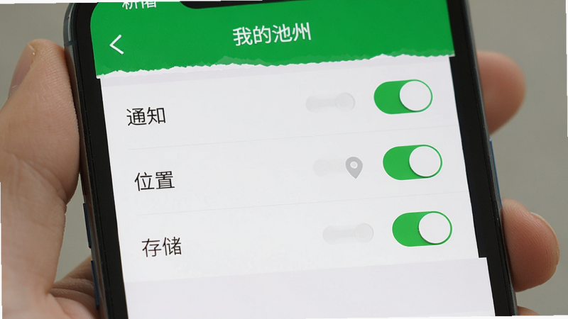 主体为手机设置界面,显示“我的池州”App的权限管理页面,布局为列表形式,包含“通知”、“位置”、“存储”三个开关,排版清晰,风格扁平化,细节显示开关状态,文字清晰“我的池州”,高清画质,简洁直观