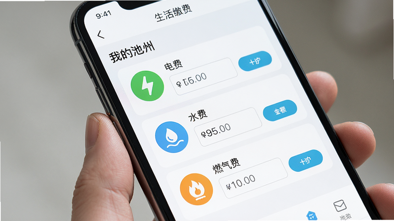 主体为手机屏幕特写,显示“我的池州”App的“生活缴费”界面,布局为列表式,包含“电费”、“水费”、“燃气费”三个图标,排版整齐,风格清新实用,细节显示金额输入框和缴费按钮,文字清晰“我的池州”,高清画质,简洁无干扰