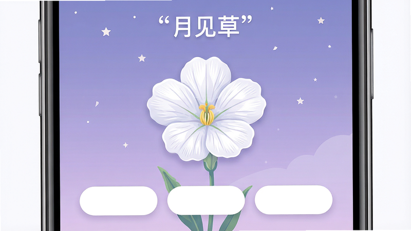 主体为手机屏幕特写,显示名为“月见草”的应用主界面,背景为淡紫色渐变夜空,中央有一朵清晰的白色月见草花图案,下方有三个简洁的白色圆角矩形按钮,布局居中对称,排版留白充足,风格为清新治愈系扁平化设计,细节展示花瓣纹理与柔和光影,画质4K高清,干净无多余元素,文字“月见草”居中加引号