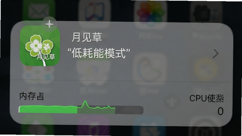 手机后台任务管理界面截图,显示“月见草”应用图标处于运行状态,内存占用条极短,CPU使用率几乎为零,背景为模糊的深色系统界面,布局清晰,风格科技感简约,细节展示数据图表的微小波动,画质清晰,干净,无多余弹窗,文字“低耗能模式”加引号