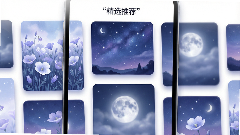 手机界面展示多张精美插画瀑布流布局,图片内容包括月见草、星空、朦胧月光,色调以蓝紫和白色为主,排版整齐有序,风格梦幻唯美,细节展现图片边缘的柔和阴影,画质高清,干净,无多余UI元素,文字“精选推荐”加引号位于顶部