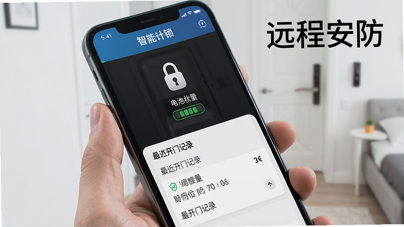 展示手机屏幕上的智能门锁监控界面,显示门锁状态、电池电量及最近开门记录,布局简洁明了,排版紧凑,风格安全专业,细节清晰,画质高,干净,无多余元素,文字“远程安防”清晰可见