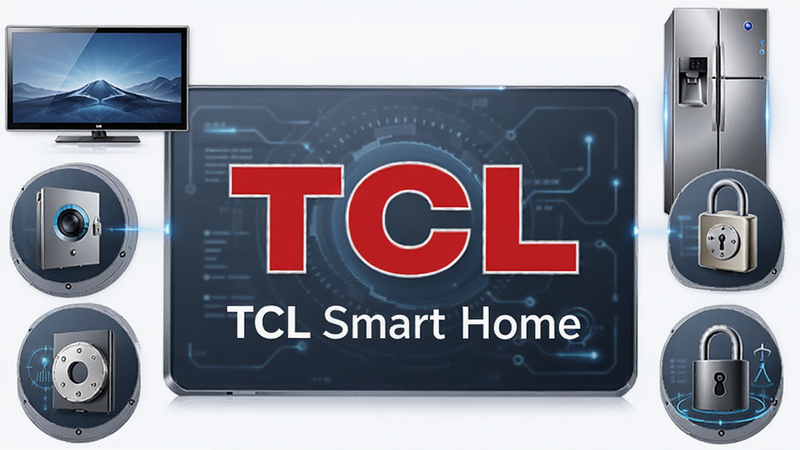 生成一张TCL品牌Logo与智能家居生态概念图,主体为TCL Logo居中,周围环绕电视、冰箱、门锁等图标,布局对称,排版大气,风格商务科技,细节精致,画质高清,干净,无多余元素,文字“TCL Smart Home”清晰可见