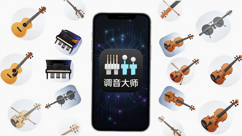 主体为多种乐器图标环绕手机屏幕,布局为放射状排列,中央为调音大师软件Logo,排版对称均衡,风格科技感十足,细节处包含吉他、钢琴、小提琴的矢量图标,画质清晰,干净,无多余元素