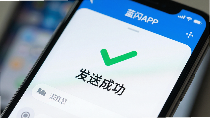 手机屏幕特写,显示蓝闪APP的消息发送界面,背景模糊,突出“发送成功”的绿色对勾图标,蓝色主题色调,布局简洁,排版紧凑,风格现代,细节清晰,画质高,干净无杂质,文字“发送成功”醒目