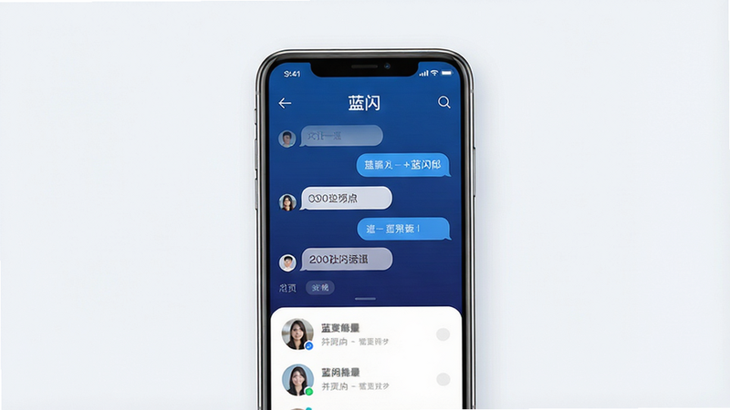 一张现代极简风格的手机应用界面展示图,主体为手机屏幕,显示名为“蓝闪”的社交APP主界面,背景为深蓝色渐变,界面中有聊天气泡和头像列表,布局清晰,排版整齐,风格科技感强,细节精致,画质高清,干净无多余元素,文字“蓝闪”清晰可见