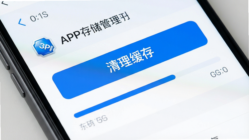 手机屏幕显示蓝闪APP的存储空间管理界面,有“清理缓存”按钮,蓝色进度条显示清理进度,布局整洁,排版清晰,风格简约,细节精致,画质高,干净无多余元素,文字“清理缓存”醒目