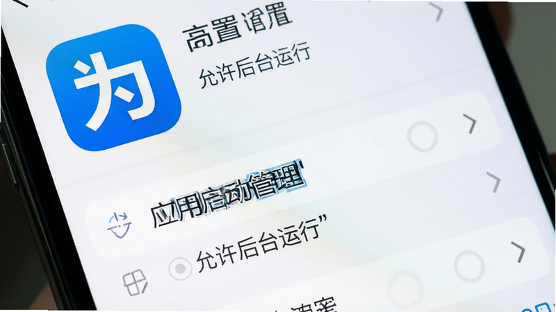 手机屏幕显示设置界面,高亮显示“应用启动管理”选项,背景为蓝闪APP图标,布局清晰,排版简洁,风格实用教程风,细节准确,画质高,干净无杂乱,文字“允许后台运行”加引号