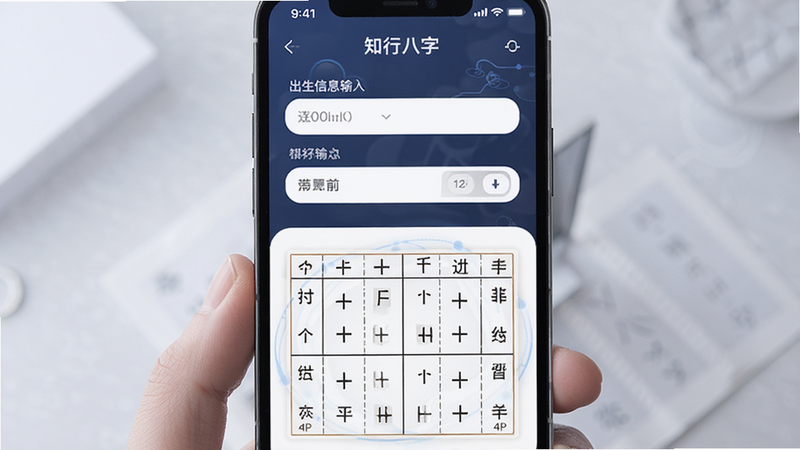 主体为手机屏幕展示“知行八字”APP界面,布局清晰分为上下两部分,上部为出生信息输入区,下部为八字排盘结果展示区,排版整齐,风格为简约现代科技风,细节处有柔和的光影效果,画质高清,干净无多余元素,文字包含“知行八字”