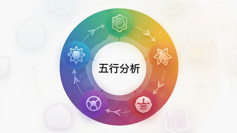 主体为色彩鲜艳的五行元素图表,布局呈环形分布,排版清晰,风格为现代数据可视化风格,细节处有渐变色彩过渡,画质高清,干净,无多余元素,文字包含“五行分析”
