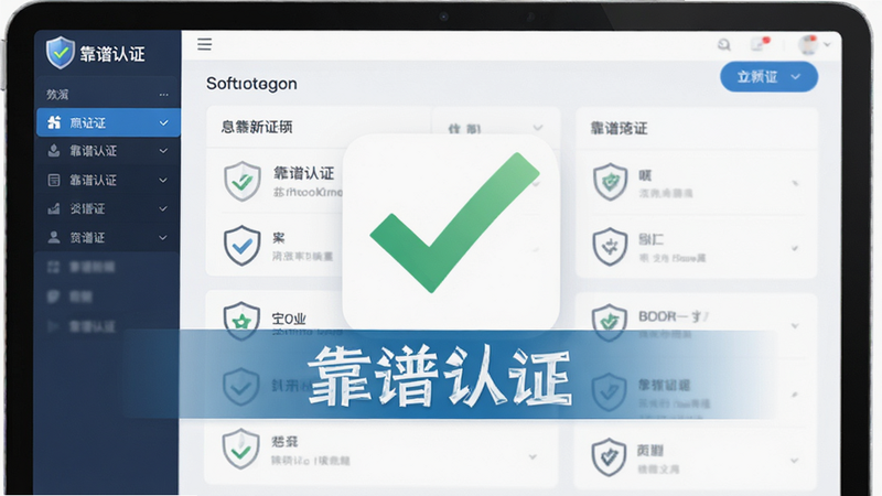 主体为软件界面与勾选标记结合,布局平衡,排版清晰,风格为信任感强的商务风,细节处有盾牌图标,画质清晰,干净,无多余元素,文字包含“靠谱认证”