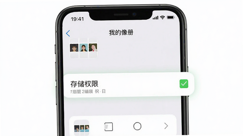 手机设置界面截图,显示“我的像册”权限管理页面,突出显示“存储权限”已勾选的状态,旁边有绿色对勾图标,背景简洁,UI元素清晰,强调权限设置的重要性,高清,明亮,无杂乱图标
