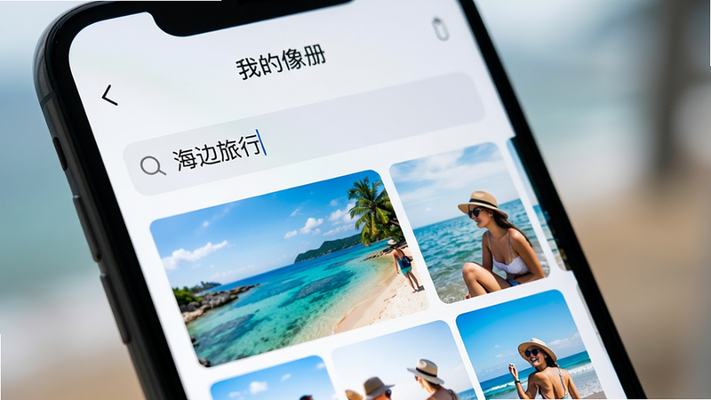 展示“我的像册”软件搜索界面的特写图,手机屏幕上显示搜索框输入“海边旅行”,下方瞬间弹出多张海边风景和人像照片,界面响应迅速,视觉焦点集中在搜索结果上,背景虚化,突出搜索功能的便捷性,高清,简洁,无干扰元素
