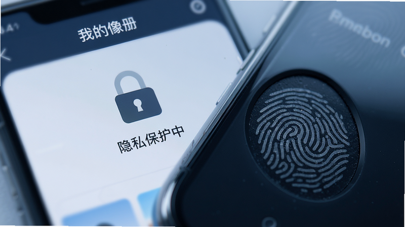 特写手机指纹识别区域,背景是模糊的“我的像册”隐私相册界面,界面显示一把锁的图标和“隐私保护中”字样,色调偏冷,强调安全与保密,光影柔和,突出指纹验证的细节,高清,专业,无多余文字