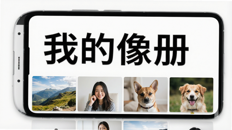 一张现代极简风格的安卓手机屏幕展示图,主体是名为“我的像册”的应用界面,界面干净清爽,白色背景,顶部显示“我的像册”黑色大字标题,下方整齐排列着高清生活照片缩略图,包括风景、人像和宠物,布局清晰有序,无多余装饰,高清画质,UI设计扁平化,细节精致,干净无杂物