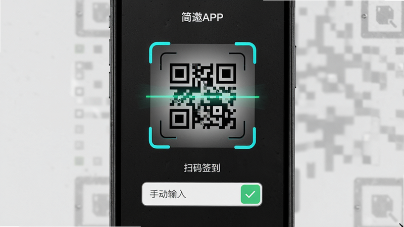 主体为简邀APP的扫码签到界面,布局中心为扫描框,下方有手动输入框,排版操作导向型,风格极简工业风,细节展示二维码识别效果,画质锐利,干净,无多余元素