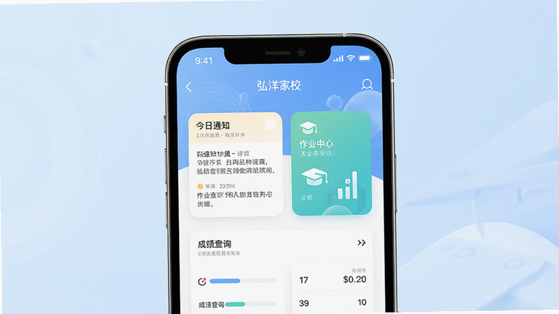一张展示“弘洋家校”APP界面的高清预览图,主体为手机屏幕,显示首页布局,包含“今日通知”、“作业中心”、“成绩查询”等核心模块,背景为柔和的淡蓝色渐变,风格现代简约,细节清晰,无多余元素,画质极高,干净