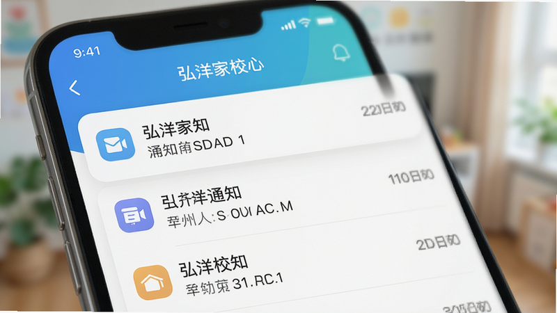 特写展示“弘洋家校”APP的通知中心界面,列表清晰显示多条未读通知,每条通知带有时间戳和类型图标,背景虚化突出主体,风格扁平化,色彩清新,细节锐利,无水印,画质清晰