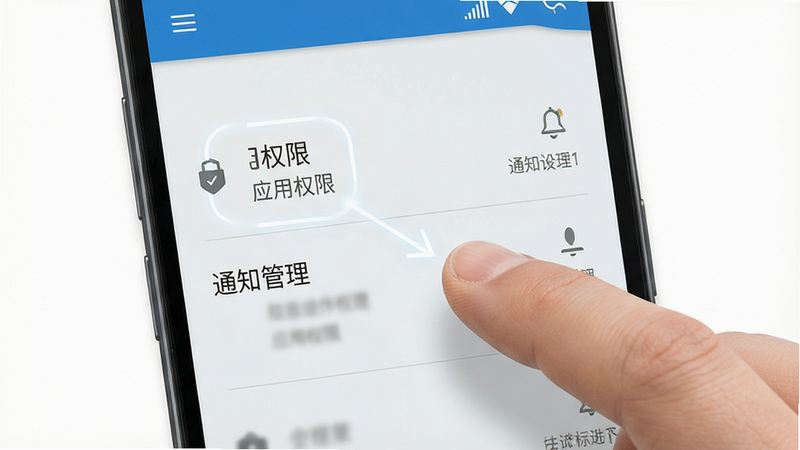 一张展示安卓手机设置界面的示意图,突出显示“应用权限”和“通知管理”选项,手指点击操作,界面清晰,风格写实,细节逼真,画质高,无多余干扰元素