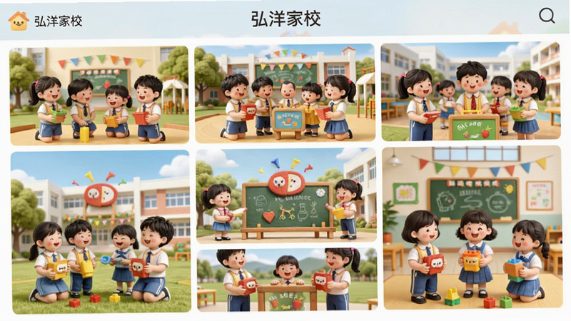 展示“弘洋家校”APP的相册模块,九宫格布局显示多张校园活动照片,色彩鲜艳,充满童趣,背景明亮,风格温馨,细节保留完整,画质极佳,无杂乱元素
