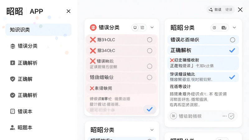 展示“昭昭”APP错题本界面,左侧为知识点分类列表,右侧为题目卡片,高亮显示错误选项与正确解析,布局双栏结构,风格清新明亮,细节包含红色标记的错误图标与蓝色正确对勾,画质高清,干净,无多余元素