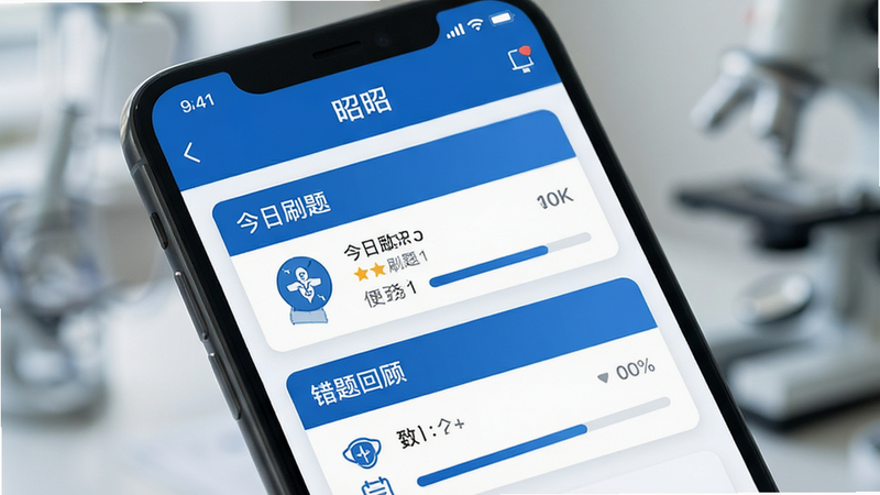 主体为智能手机屏幕特写,显示“昭昭”APP界面,布局清晰,顶部为导航栏,中部为“今日刷题”与“错题回顾”模块,排版整洁,风格简约商务蓝,细节处显示医学图标与进度条,画质4K,干净,无多余元素,背景虚化突出手机主体