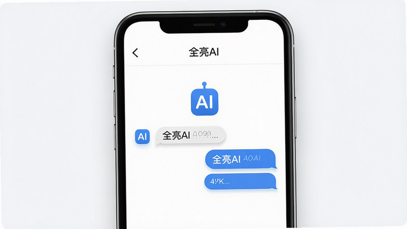 一张展示全亮AI软件界面的高保真设计图,主体为手机屏幕,显示着简洁的白色背景对话界面,中间有蓝色的AI图标和文字气泡,布局居中对称,排版清晰,风格现代极简,细节处有柔和的阴影效果,画质4k,干净,无多余元素,文字内容包含