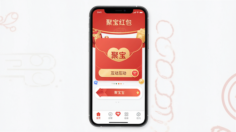 主体为聚宝红包应用的全景界面展示,布局采用中心对称式,顶部显示应用名称“聚宝红包”,中部为主要的互动区域,底部为简洁的功能导航栏。排版清晰,风格为现代扁平化设计,细节处体现红色与金色的喜庆色调,画质高清,干净无多余元素,文字“聚宝红包”清晰可见。