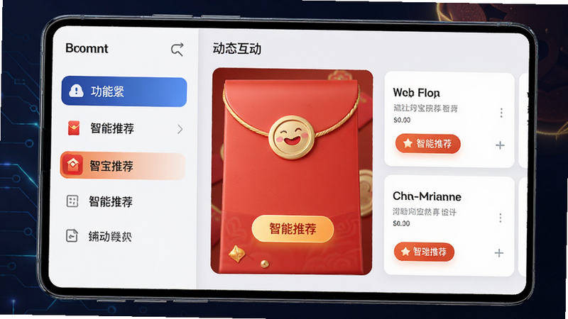 主体展示聚宝红包的智能互动界面,布局分为左右两栏,左侧为功能列表,右侧为动态推荐卡片。排版紧凑有序,风格科技感与温馨感并存,细节处有高亮按钮设计,画质精细,干净无杂项,文字“智能推荐”清晰展示。