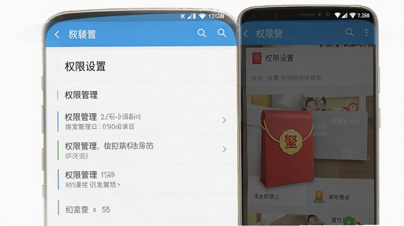 主体为聚宝红包在手机端的权限设置界面示意图,布局为标准的安卓设置列表样式,排版整齐,风格简洁实用,细节处显示“权限管理”选项,画质清晰,干净无多余图标,文字“权限设置”明确可见。