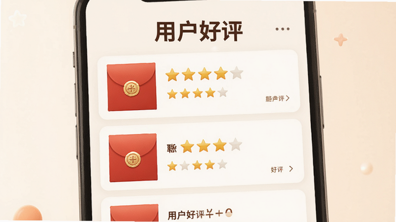 主体为聚宝红包的用户评价界面,布局为卡片式列表,排版清晰,风格温馨亲切,细节处显示五星好评图标,画质柔和,干净无杂乱背景,文字“用户好评”醒目展示。