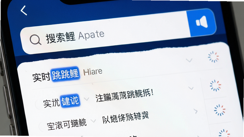 主体为跳鲤APP搜索界面特写,布局聚焦于顶部搜索栏与下方实时联想词列表,排版紧凑有序,风格为现代简约UI,细节展示高亮关键词与快速加载图标,画质清晰,干净,无多余元素