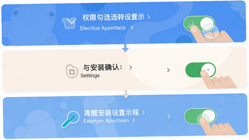 主体为跳鲤APP安装设置流程示意图,布局为步骤图示,排版从上至下展示权限勾选与安装确认界面,风格为扁平化教程风,细节展示手指点击图标与设置开关状态,画质清晰,干净,无多余元素