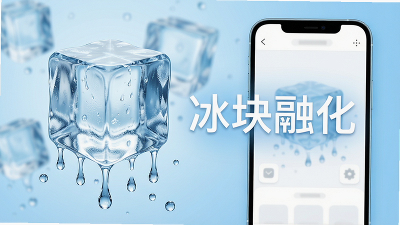 主体为一款名为“冰块融化”的手机游戏宣传图,布局采用中心对称构图,左侧展示一个晶莹剔透的3D冰块正在融化滴落,右侧是简洁的白色UI界面,背景为柔和的浅蓝色渐变,风格清新现代,细节处体现冰晶纹理和水滴质感,画质4K高清,干净无多余元素,文字“冰块融化”以白色无衬线字体居中显示