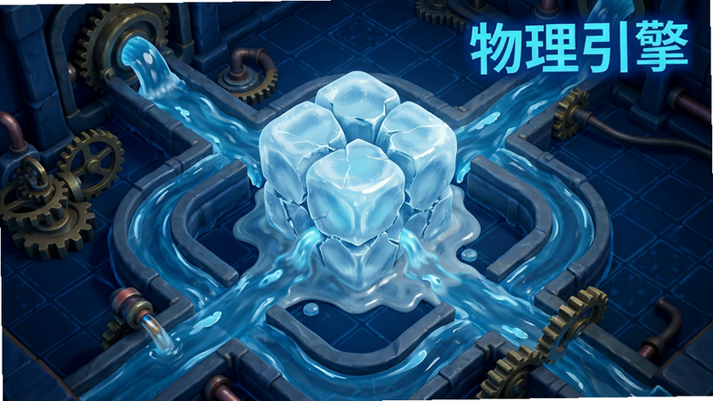 主体为游戏内的物理演示场景,布局为俯视视角,中央是一个正在融化的大冰块,周围环绕着复杂的水道和齿轮机关,背景为深蓝色科技风网格,风格写实与卡通结合,细节展示水流轨迹和冰块裂纹,画质超清,干净,无多余元素,文字“物理引擎”以蓝色高亮显示