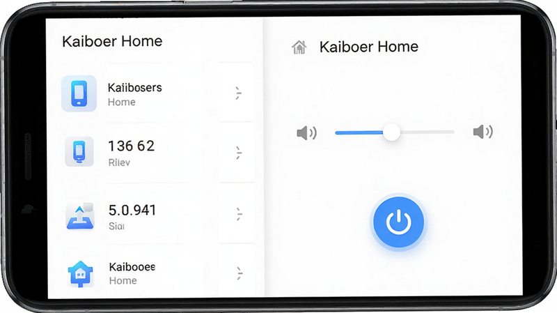 主体为Kaiboer Home安卓应用界面预览图,布局清晰,左侧显示设备列表,右侧为控制面板,包含音量滑块和电源按钮,风格为现代简约科技风,细节展示高清UI图标,文字标注