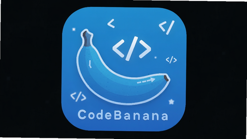 主体为 CodeBanana 安卓应用图标,蓝色香蕉形状背景,白色代码符号点缀,布局居中,排版简洁现代,风格科技感强,细节清晰,画质高清,干净无多余元素,文字引用