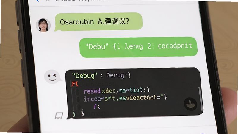 主体为手机对话界面,用户输入自然语言问题,AI 回复代码调试建议,布局上下对话流,排版气泡式,风格友好直观,细节包含代码块标识,画质高清,干净,文字引用