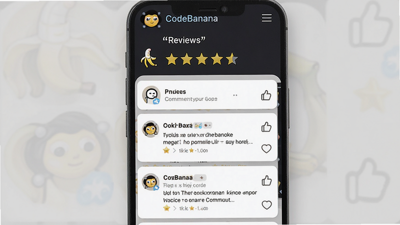 主体为 CodeBanana 应用评分界面,显示五星评价与用户评论列表,布局上下滚动,排版卡片式,风格社区互动,细节包含点赞图标,画质高清,干净,文字引用