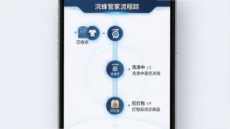 浣蜂管家订单追踪界面,主体为时间轴流程图,布局纵向排列,排版紧凑,风格科技感,细节展示“已收衣”、“洗涤中”、“已打包”等节点,文字清晰,画质精致,干净,无多余元素